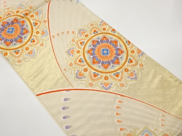 JAPANESE KIMONO / FUKURO OBI / NISHIKI / PEACOCK FEATHER & FLOWER CREST 